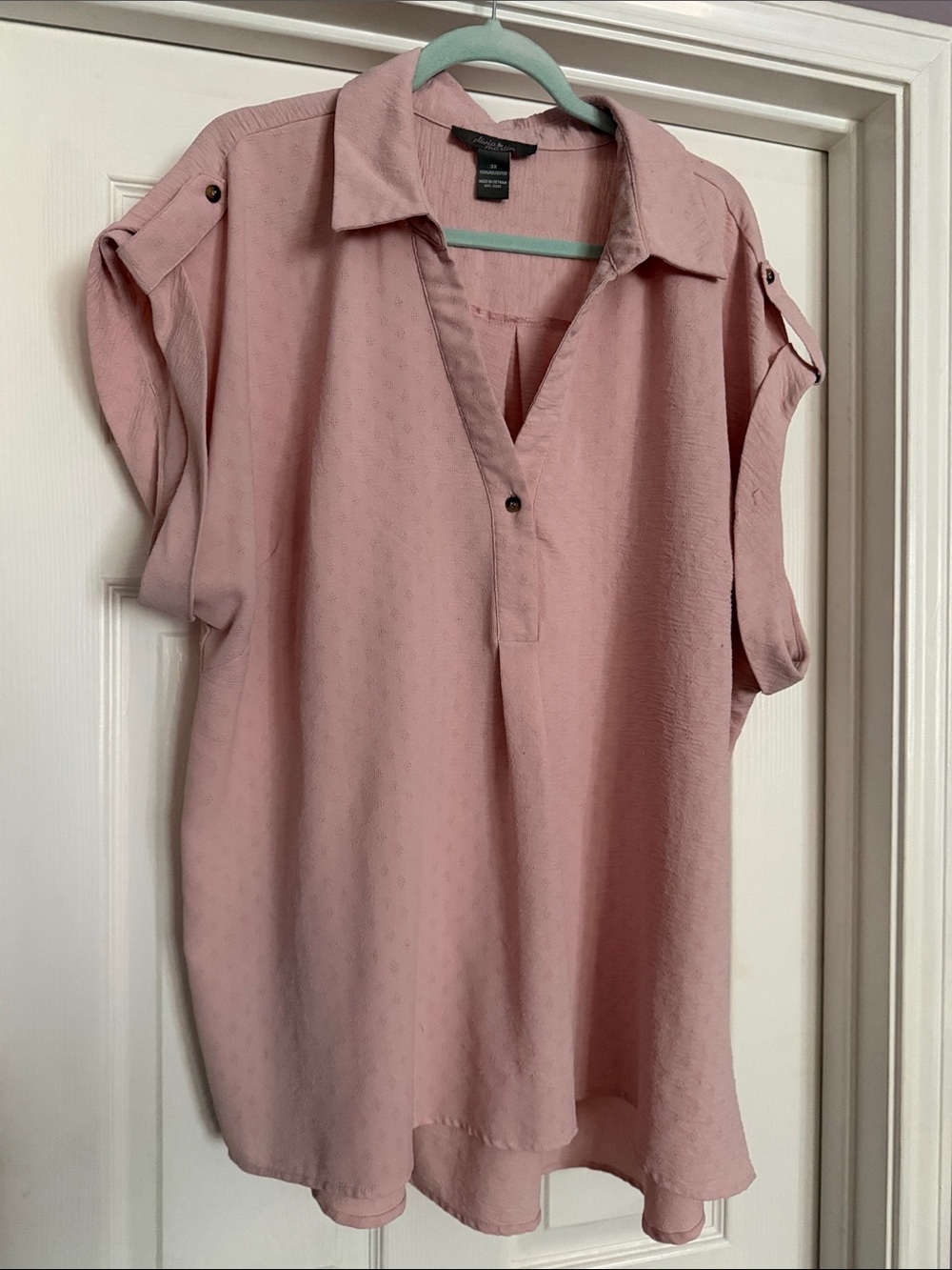 Dusty Rose Split-Neck Roll-Tab Blouse